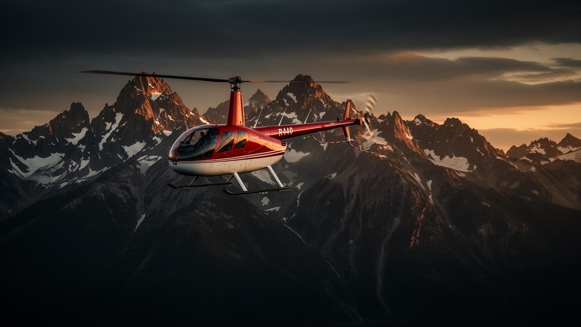 Robinson R44 helicopter flying over Alberta Rocky Mountains at sunset